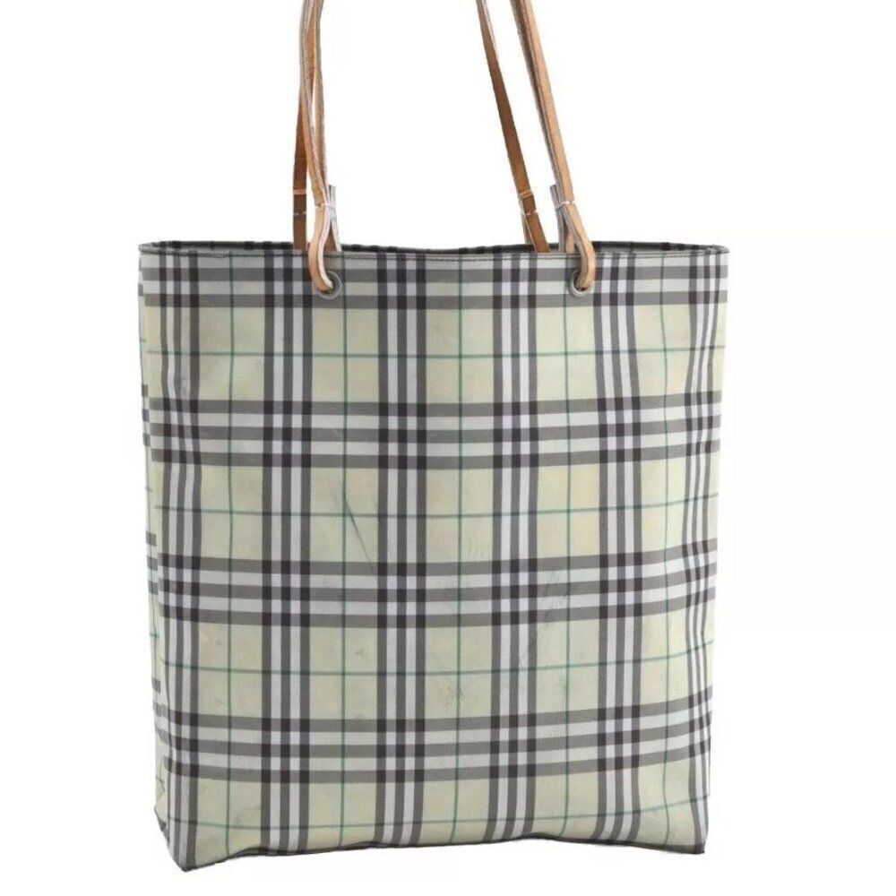 Authentic BURBERRY Check Nylon Leather Shoulder Tote Bag Yellow Green K8189